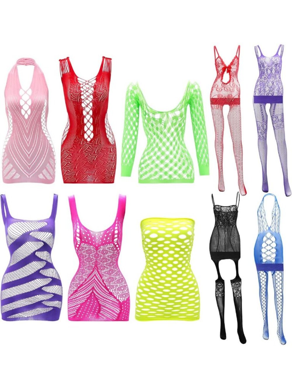10-Piece Fishnet Lingerie Set for Women - Vibrant Color Body Stockings
